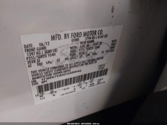 Aukcja sprzedaży 2013 Ford Explorer Xlt, vin: 1FM5K7D85DGA80042, numer aukcji: 45310812