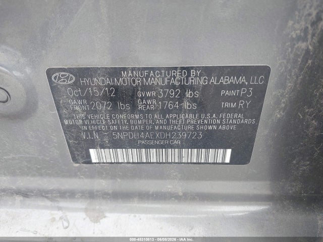 2013 Hyundai Elantra Limited მანქანა იყიდება აუქციონზე, vin: 5NPDH4AEXDH239723, აუქციონის ნომერი: 45310813