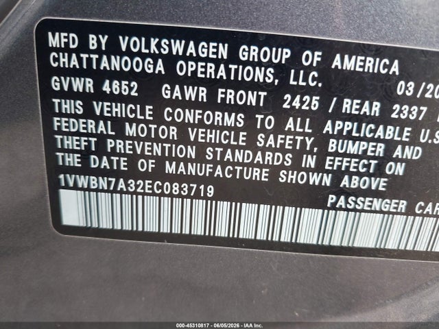 45310817 :رقم المزاد ، 1VWBN7A32EC083719 vin ، 2014 Volkswagen Passat 2.0l Tdi Se مزاد بيع