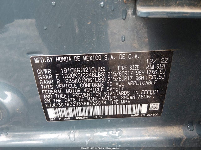 Продажа на аукционе авто 2023 Honda Hr-v Awd Lx, vin: 3CZRZ2H3XPM726974, номер лота: 45310821
