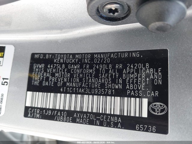2020 Toyota Camry Le მანქანა იყიდება აუქციონზე, vin: 4T1C11AK3LU935781, აუქციონის ნომერი: 45310826