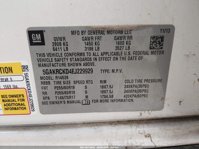 45310830 :رقم المزاد ، 5GAKRCKD4EJ229929 vin ، 2014 Buick Enclave Premium مزاد بيع