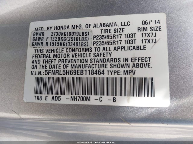 Aukcja sprzedaży 2014 Honda Odyssey Ex-l, vin: 5FNRL5H69EB118464, numer aukcji: 45310835