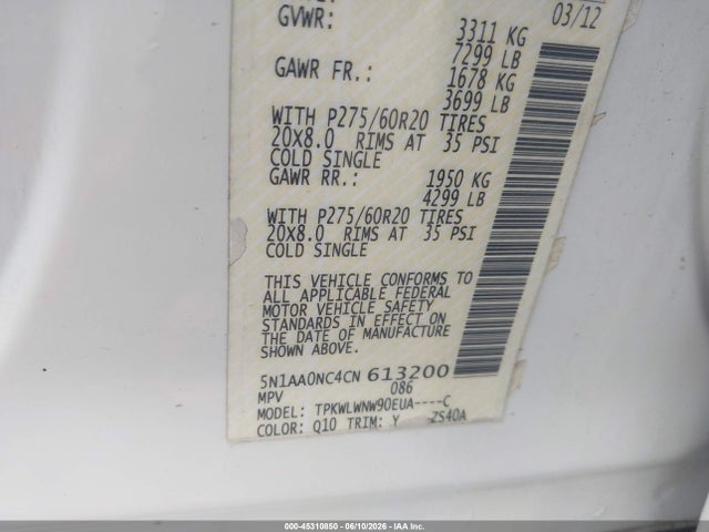 Aukcja sprzedaży 2012 Nissan Armada Platinum, vin: 5N1AA0NC4CN613200, numer aukcji: 45310850