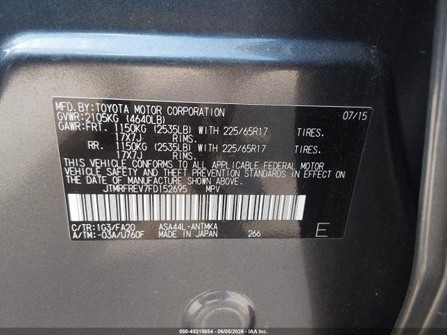45310854 :رقم المزاد ، JTMRFREV7FD152695 vin ، 2015 Toyota Rav4 Xle مزاد بيع