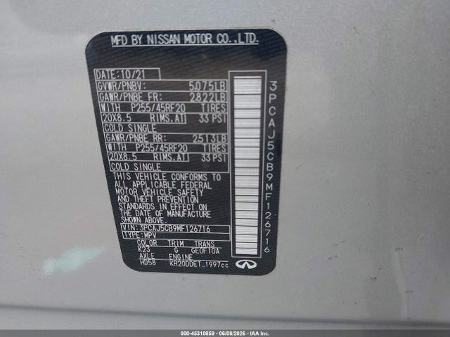 Продажа на аукционе авто 2021 Infiniti Qx50 Sensory Awd, vin: 3PCAJ5CB9MF126716, номер лота: 45310859