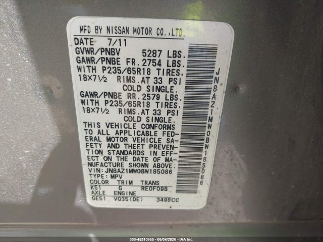 Aukcja sprzedaży 2011 Nissan Murano S, vin: JN8AZ1MW0BW185086, numer aukcji: 45310865