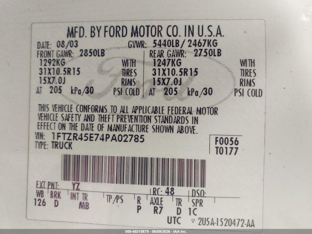 45310879 :رقم المزاد ، 1FTZR45E74PA02785 vin ، 2004 Ford Ranger Edge/tremor/xlt مزاد بيع