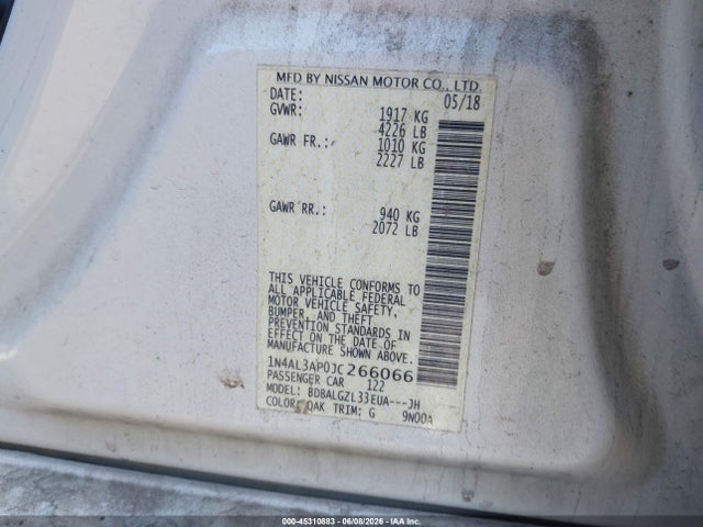 45310883 :رقم المزاد ، 1N4AL3AP0JC266066 vin ، 2018 Nissan Altima 2.5 S مزاد بيع