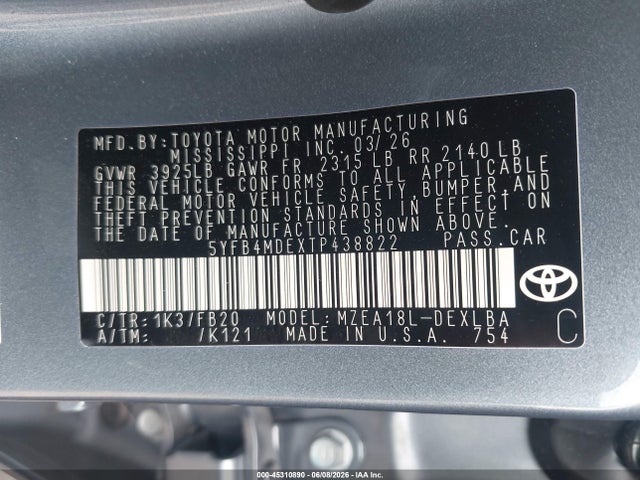 45310890 :رقم المزاد ، 5YFB4MDEXTP438822 vin ، 2026 Toyota Corolla Le مزاد بيع