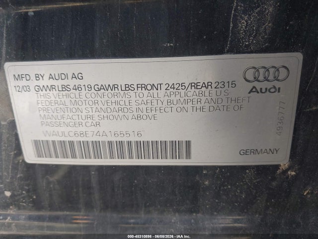 Aukcja sprzedaży 2004 Audi A4 1.8t Quattro, vin: WAULC68E74A165516, numer aukcji: 45310898