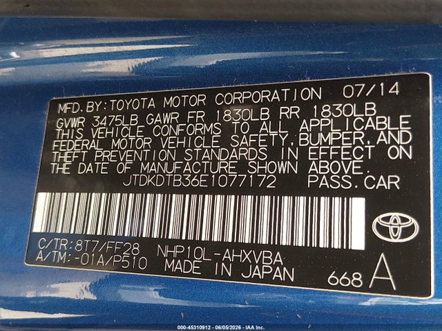 Toyota Prius C Two 2014 JTDKDTB36E1077172 Image 9