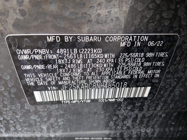2022 Subaru Forester Touring მანქანა იყიდება აუქციონზე, vin: JF2SKARC8NH485018, აუქციონის ნომერი: 45310920