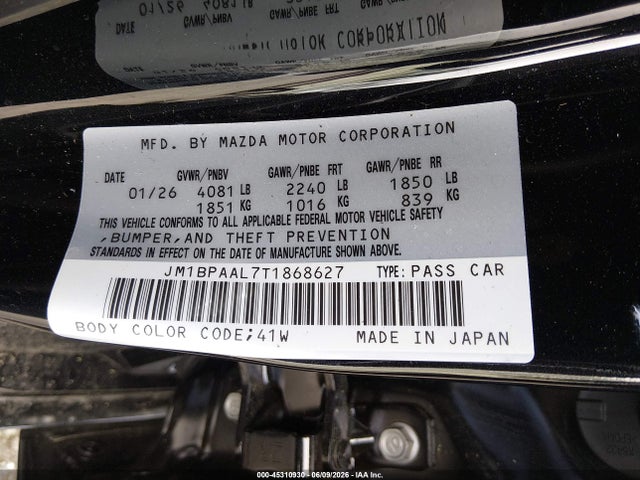 45310930 :رقم المزاد ، JM1BPAAL7T1868627 vin ، 2026 Mazda Mazda3 2.5 S مزاد بيع