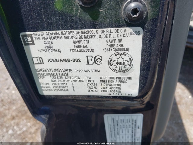 45310935 :رقم المزاد ، 3GNEK12T46G113975 vin ، 2006 Chevrolet Avalanche 1500 Ls/lt/z71 مزاد بيع