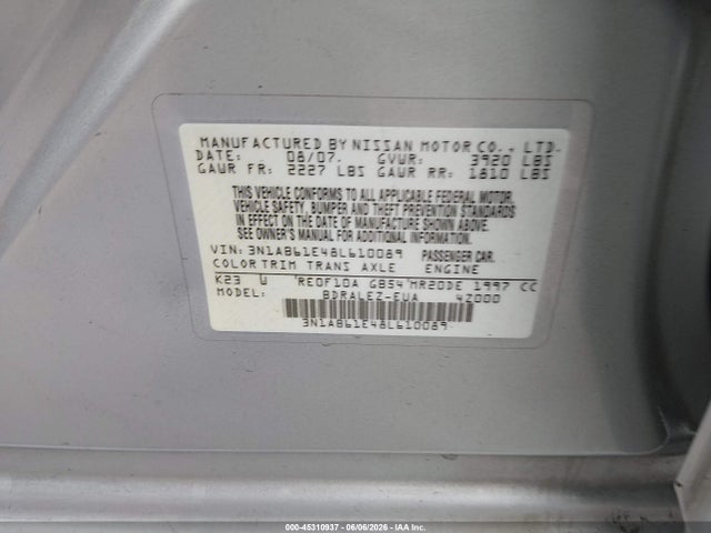Aukcja sprzedaży 2008 Nissan Sentra 2.0s, vin: 3N1AB61E48L610089, numer aukcji: 45310937