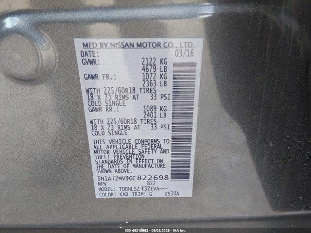 Nissan Rogue Sl 2016 5N1AT2MV9GC822698 Image 9