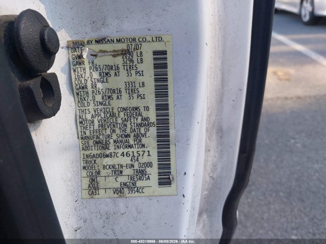 Aukcja sprzedaży 2007 Nissan Frontier Se, vin: 1N6AD06W87C461571, numer aukcji: 45310966