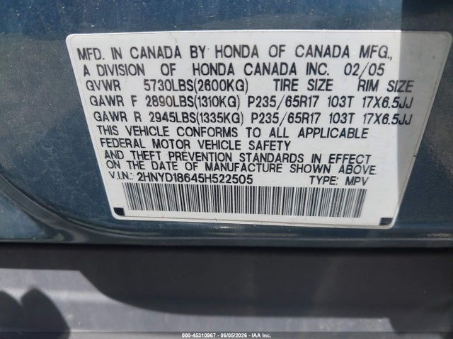 Продажа на аукционе авто 2005 Acura Mdx, vin: 2HNYD18645H522505, номер лота: 45310967