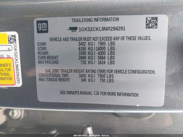 2022 Gmc Yukon 4wd At4 მანქანა იყიდება აუქციონზე, vin: 1GKS2CKL9NR294291, აუქციონის ნომერი: 45310970