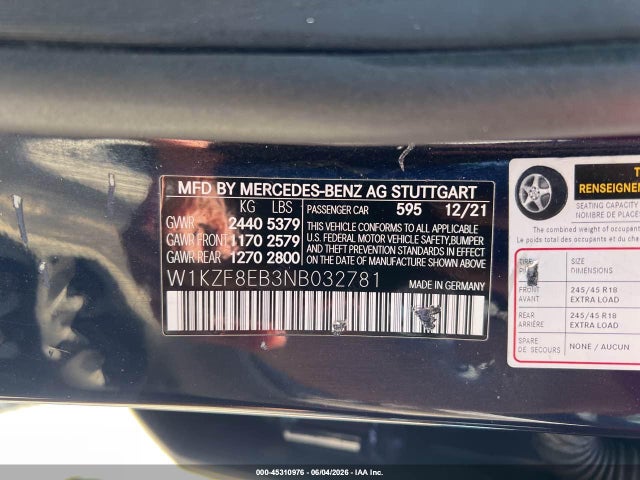 Aukcja sprzedaży 2022 Mercedes-benz E 350 4matic, vin: W1KZF8EB3NB032781, numer aukcji: 45310976