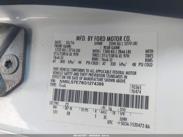 45310977 :رقم المزاد ، NM0LS7E78G1274389 vin ، 2016 Ford Transit Connect Xl مزاد بيع