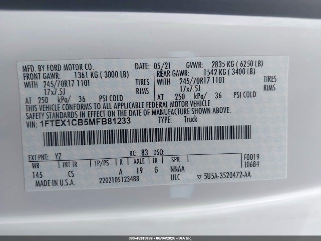 1FTEX1CB5MFB81233 Ford F-150 Xl
