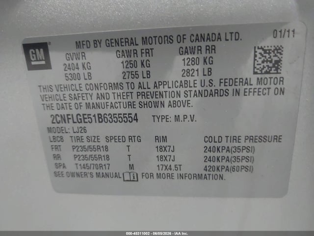 Aukcja sprzedaży 2011 Chevrolet Equinox Ltz, vin: 2CNFLGE51B6355554, numer aukcji: 45311002