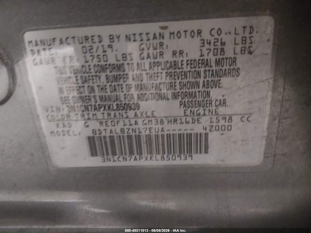 3N1CN7APXKL850939 Nissan Versa 1.6 Sv