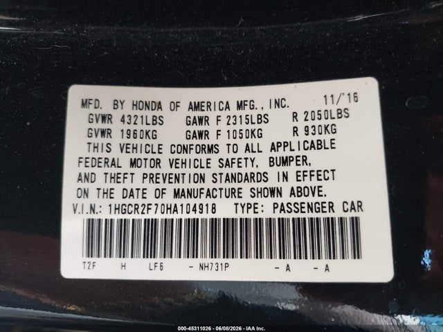 Honda ACCORD EX 2017 1HGCR2F70HA104918 Image 9