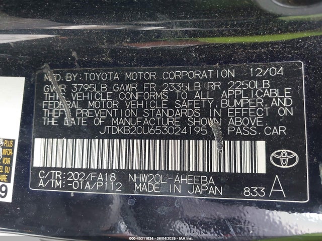 Aukcja sprzedaży 2005 Toyota Prius, vin: JTDKB20U653024195, numer aukcji: 45311034