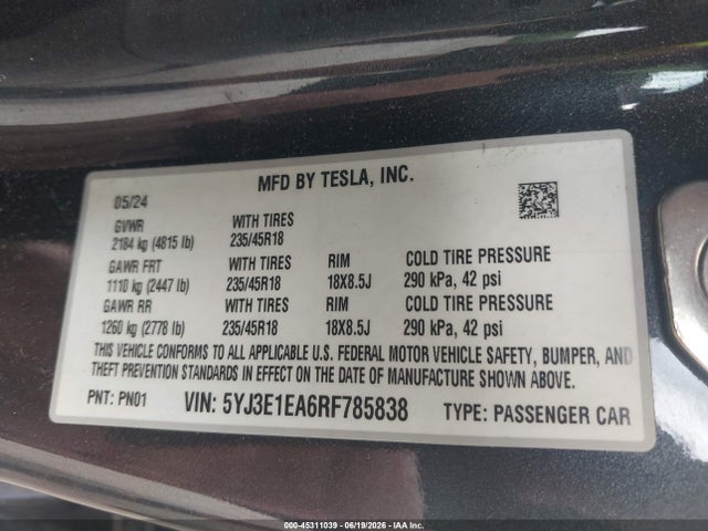 Tesla MODEL 3 2024 5YJ3E1EA6RF785838 Image 9