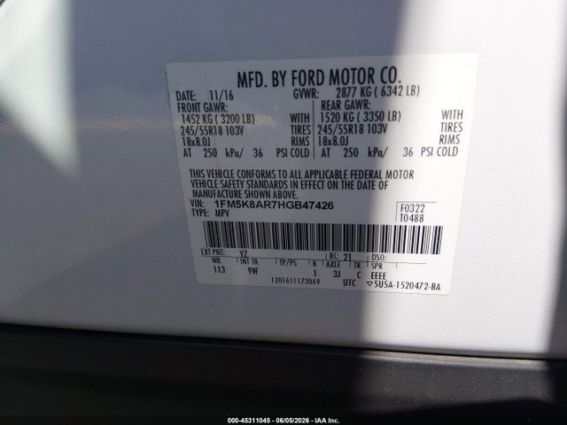 Aukcja sprzedaży 2017 Ford Utility Police Interceptor, vin: 1FM5K8AR7HGB47426, numer aukcji: 45311045