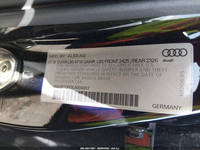 Продаж на аукціоні авто 2020 Audi S3 Premium Tfsi Quattro S Tronic, vin: WAUB1GFF9LA004697, номер лоту: 45311051
