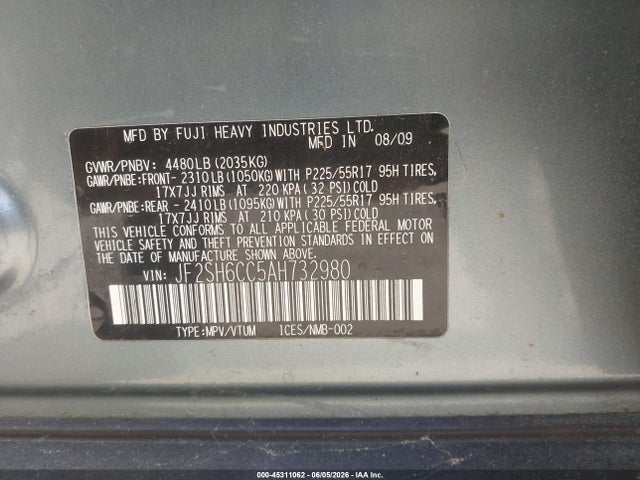 Aukcja sprzedaży 2010 Subaru Forester 2.5x Premium, vin: JF2SH6CC5AH732980, numer aukcji: 45311062
