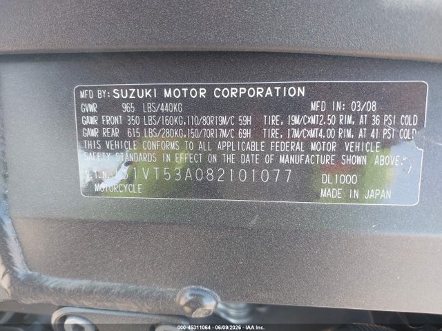 Продаж на аукціоні авто 2008 Suzuki Dl1000, vin: JS1VT53A082101077, номер лоту: 45311064