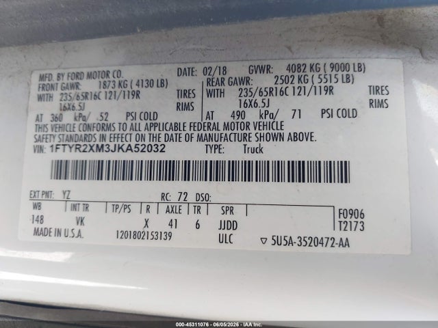 Ford Transit-250 2018 1FTYR2XM3JKA52032 Image 9