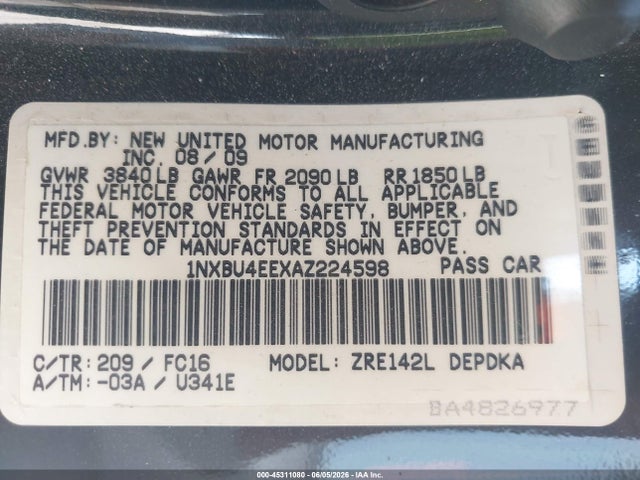 45311080 :رقم المزاد ، 1NXBU4EEXAZ224598 vin ، 2010 Toyota Corolla Le مزاد بيع