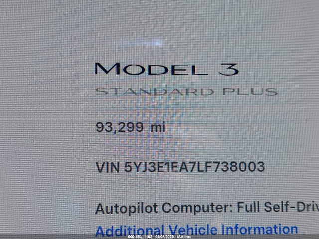 Продажа на аукционе авто 2020 Tesla Model 3 Standard Range Plus Rear-wheel Drive/standard Range Rear-wheel Drive, vin: 5YJ3E1EA7LF738003, номер лота: 45311102
