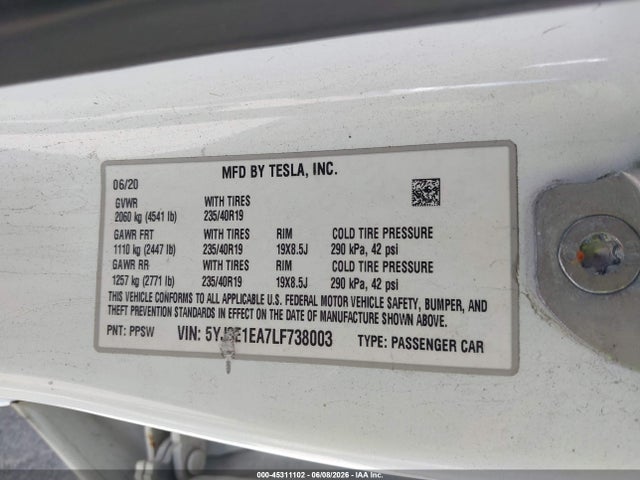 Продажа на аукционе авто 2020 Tesla Model 3 Standard Range Plus Rear-wheel Drive/standard Range Rear-wheel Drive, vin: 5YJ3E1EA7LF738003, номер лота: 45311102