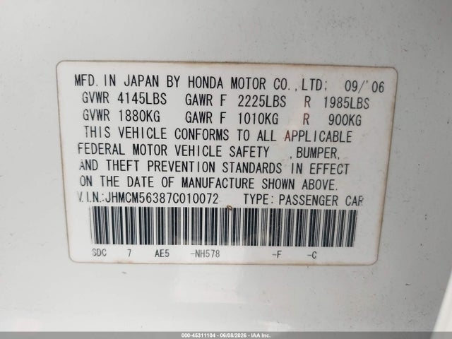 45311104 :رقم المزاد ، JHMCM56387C010072 vin ، 2007 Honda Accord 2.4 Se مزاد بيع