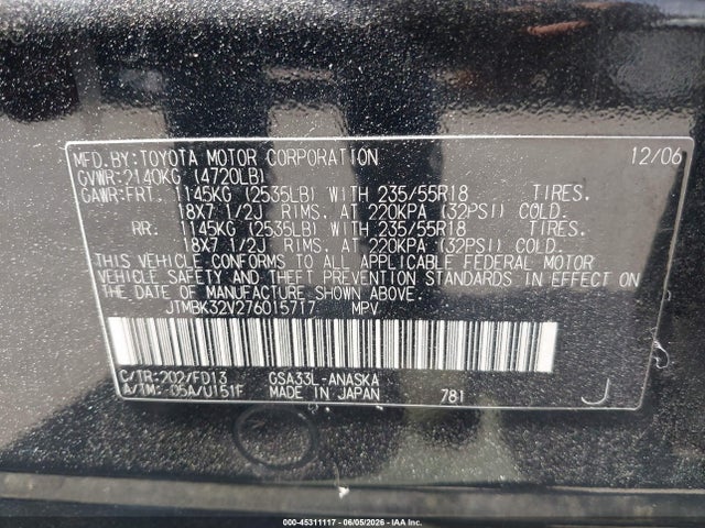 45311117 :رقم المزاد ، JTMBK32V276015717 vin ، 2007 Toyota Rav4 Sport V6 مزاد بيع