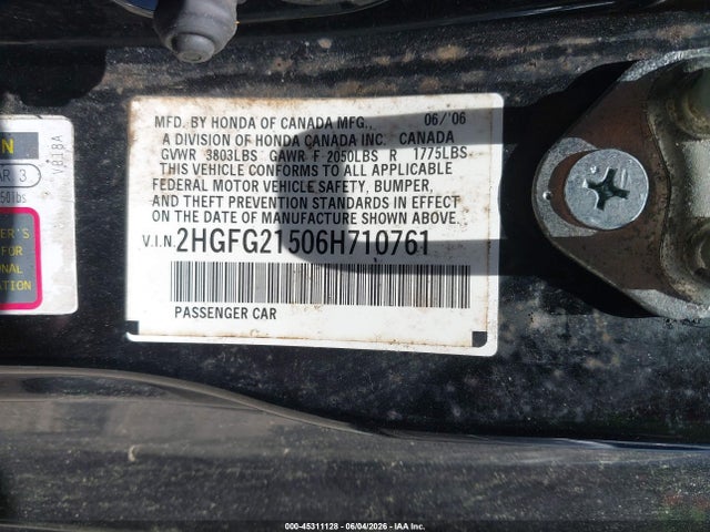 Aukcja sprzedaży 2006 Honda Civic Si, vin: 2HGFG21506H710761, numer aukcji: 45311128