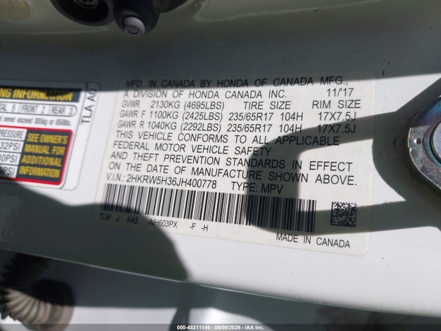 Auction sale of the 2018 Honda Cr-v Lx, vin: 2HKRW5H36JH400778, lot number: 45311146