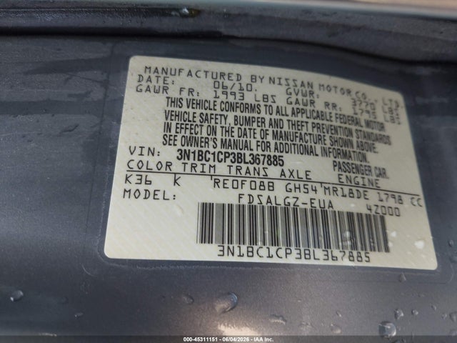 45311151 :رقم المزاد ، 3N1BC1CP3BL367885 vin ، 2011 Nissan Versa 1.8sl مزاد بيع