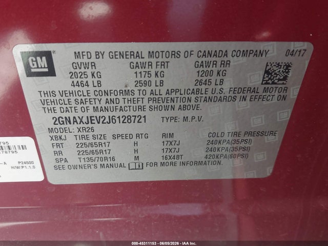 45311153 :رقم المزاد ، 2GNAXJEV2J6128721 vin ، 2018 Chevrolet Equinox Lt مزاد بيع