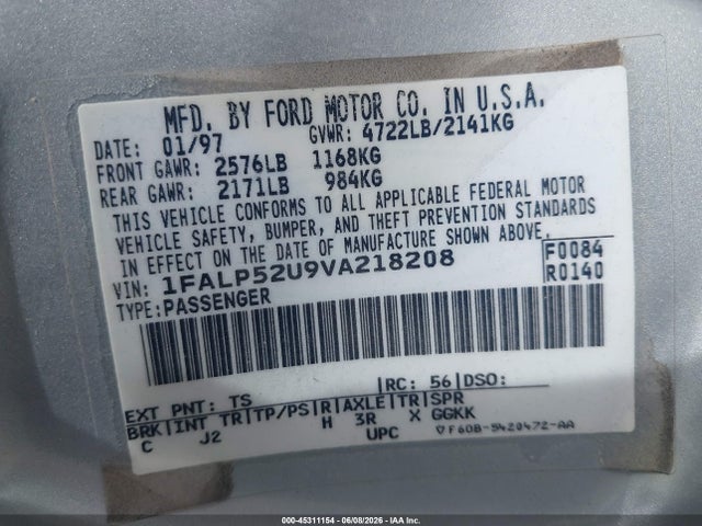 Aukcja sprzedaży 1997 Ford Taurus Gl, vin: 1FALP52U9VA218208, numer aukcji: 45311154