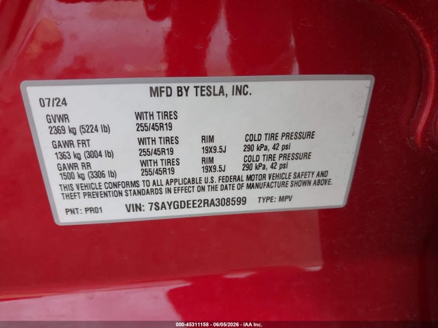 Продажа на аукционе авто 2024 Tesla Model Y Long Range Dual Motor All-wheel Drive, vin: 7SAYGDEE2RA308599, номер лота: 45311158