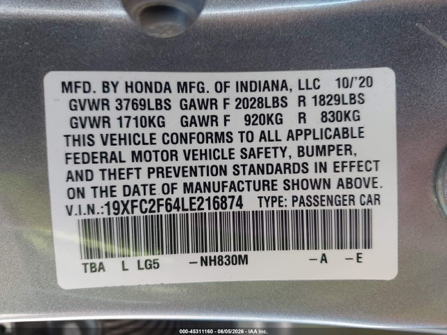 Aukcja sprzedaży 2020 Honda Civic Lx, vin: 19XFC2F64LE216874, numer aukcji: 45311160