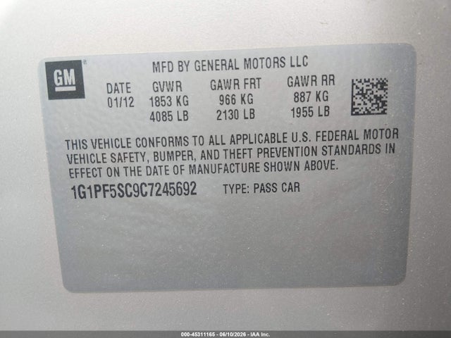 Aukcja sprzedaży 2012 Chevrolet Cruze 1lt, vin: 1G1PF5SC9C7245692, numer aukcji: 45311165